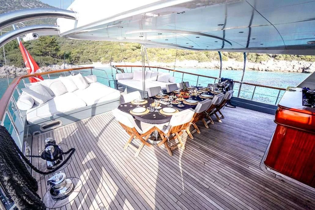 a boat on a deck aboard VIRTUOSO Yacht for Sale