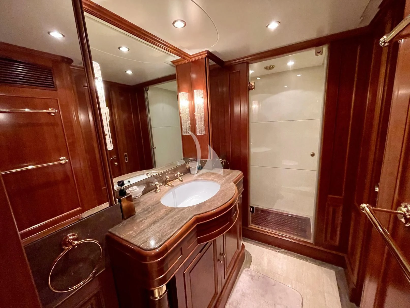 a bathroom with a sink and a mirror aboard GALAKTIKA SKAY Yacht for Sale
