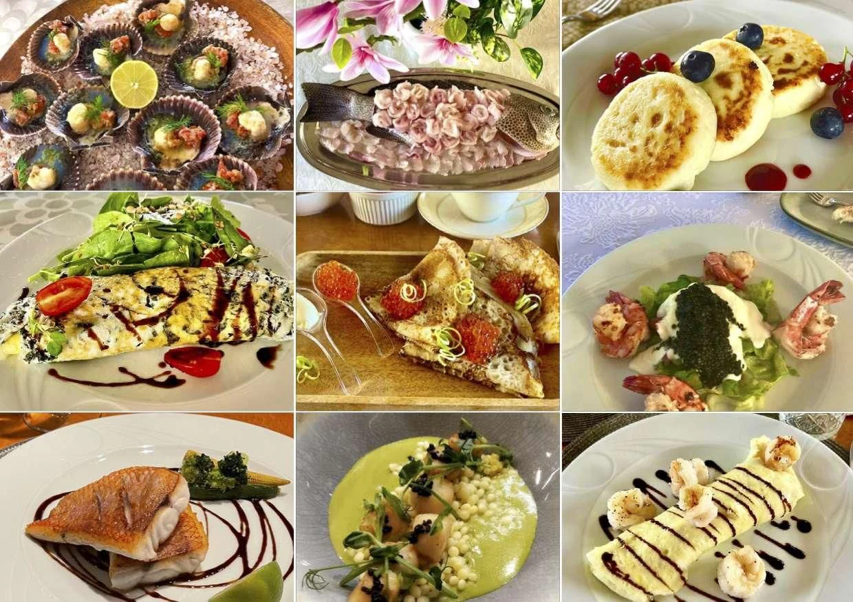a collage of food aboard GALAKTIKA SKAY Yacht for Sale