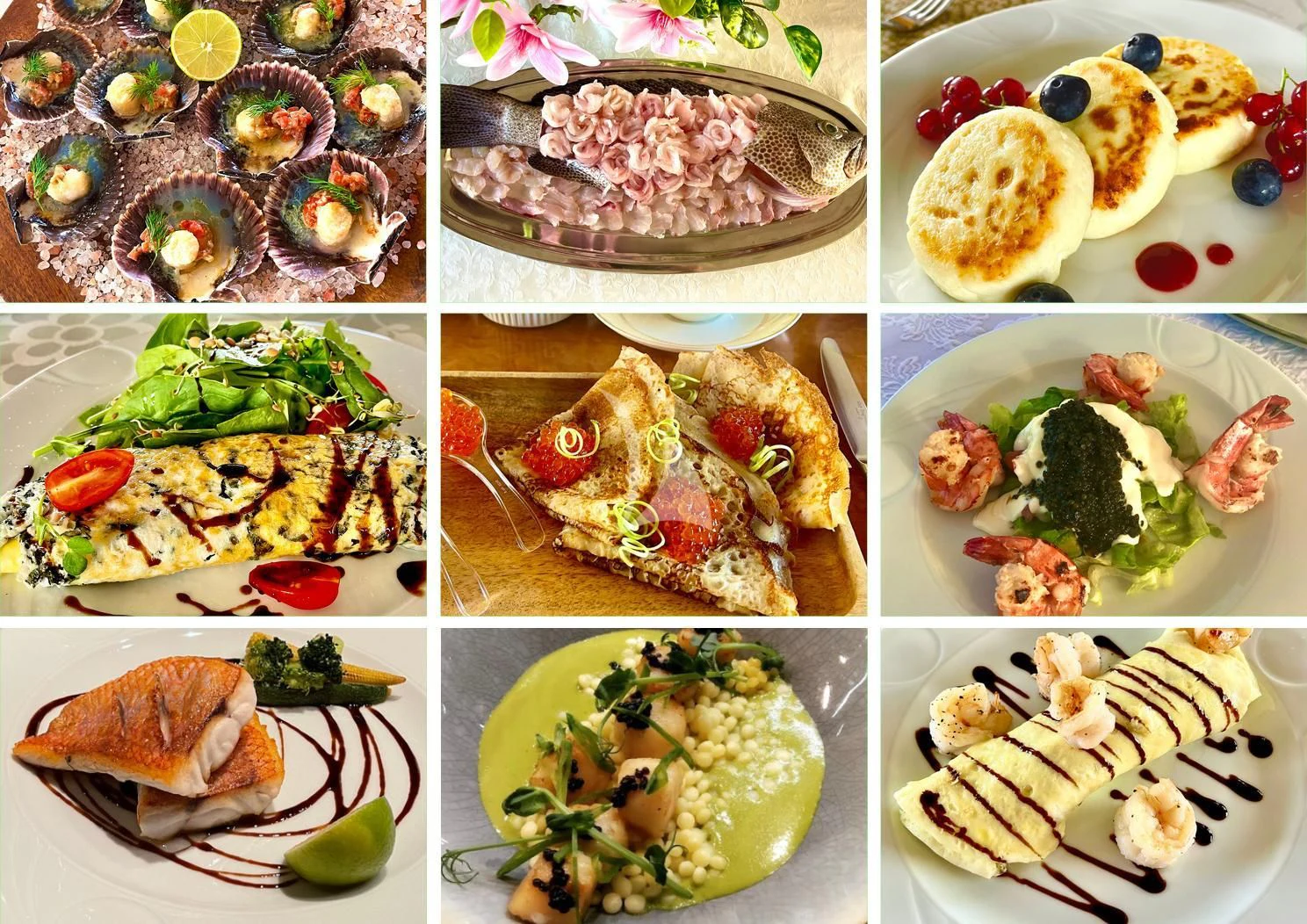 a collage of food aboard GALAKTIKA SKAY Yacht for Sale