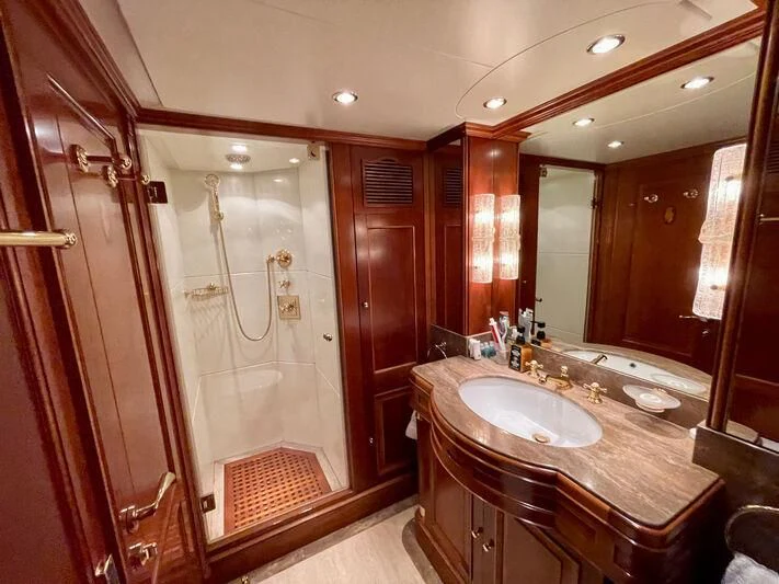 a bathroom with a shower and sink aboard GALAKTIKA SKAY Yacht for Sale