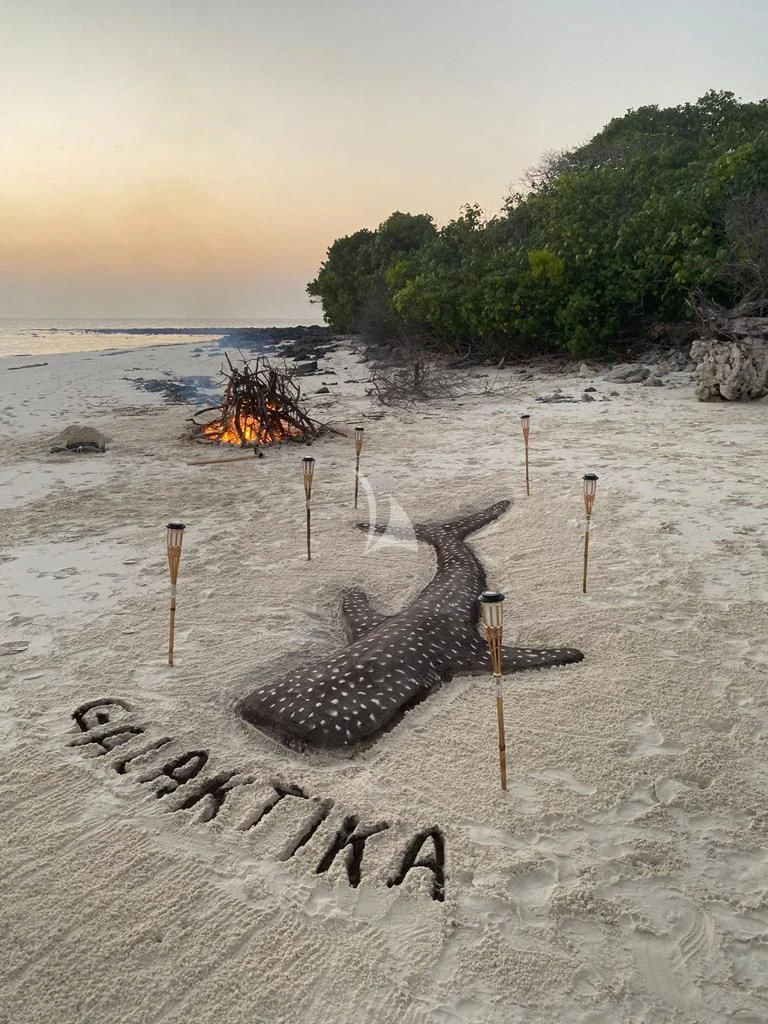 a beach with a tree stump and a sign in the sand aboard GALAKTIKA SKAY Yacht for Sale