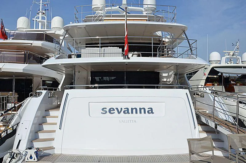 a boat docked at a pier aboard SEVANNA Yacht for Sale