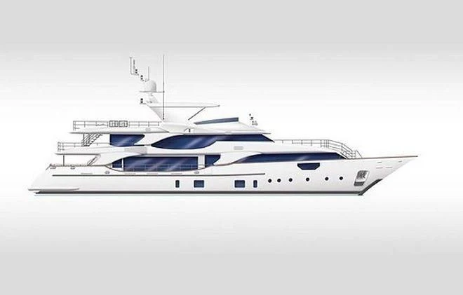 a white boat with blue stripes aboard SEVANNA Yacht for Sale