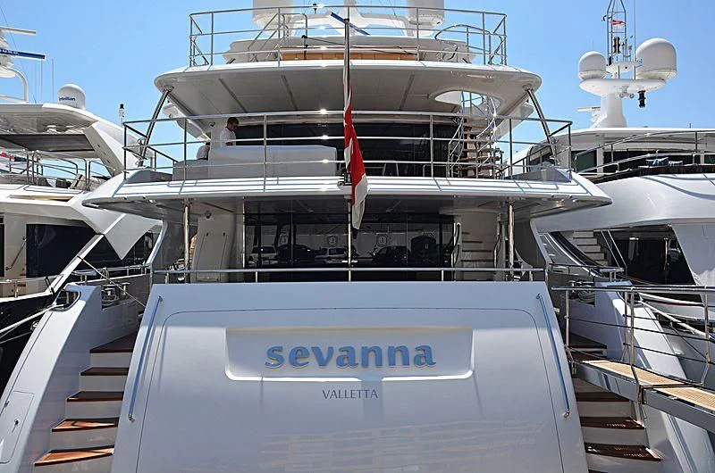 a boat with a red stripe aboard SEVANNA Yacht for Sale