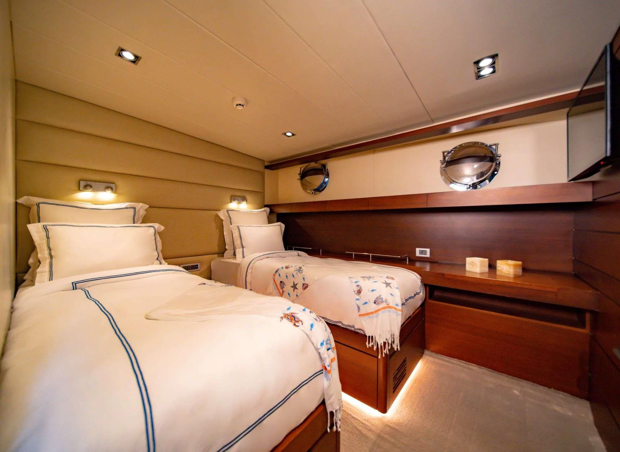 a room with two beds aboard DOUBLE EAGLE Yacht for Sale