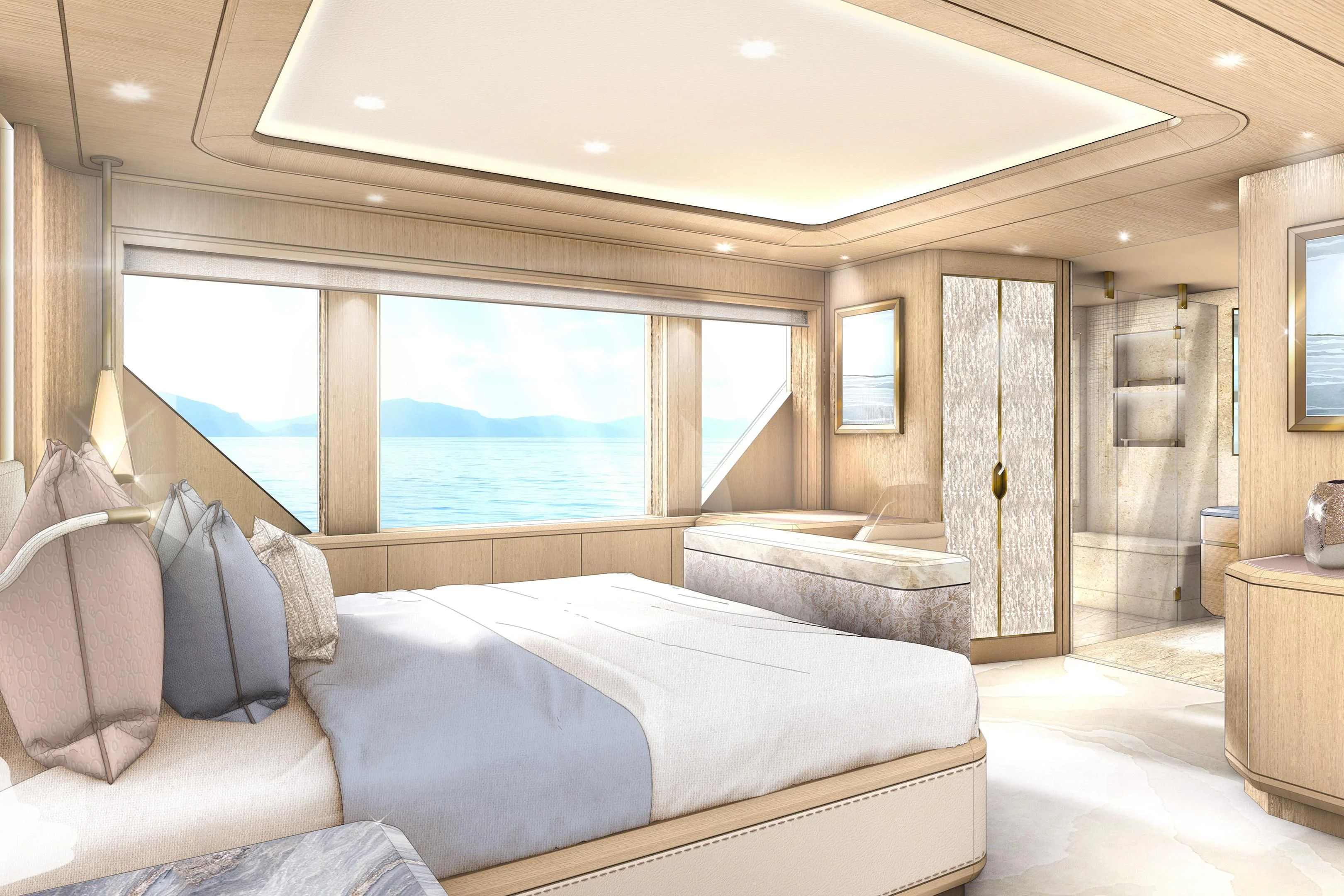 a large bedroom with a large window aboard COME TOGETHER Yacht for Charter