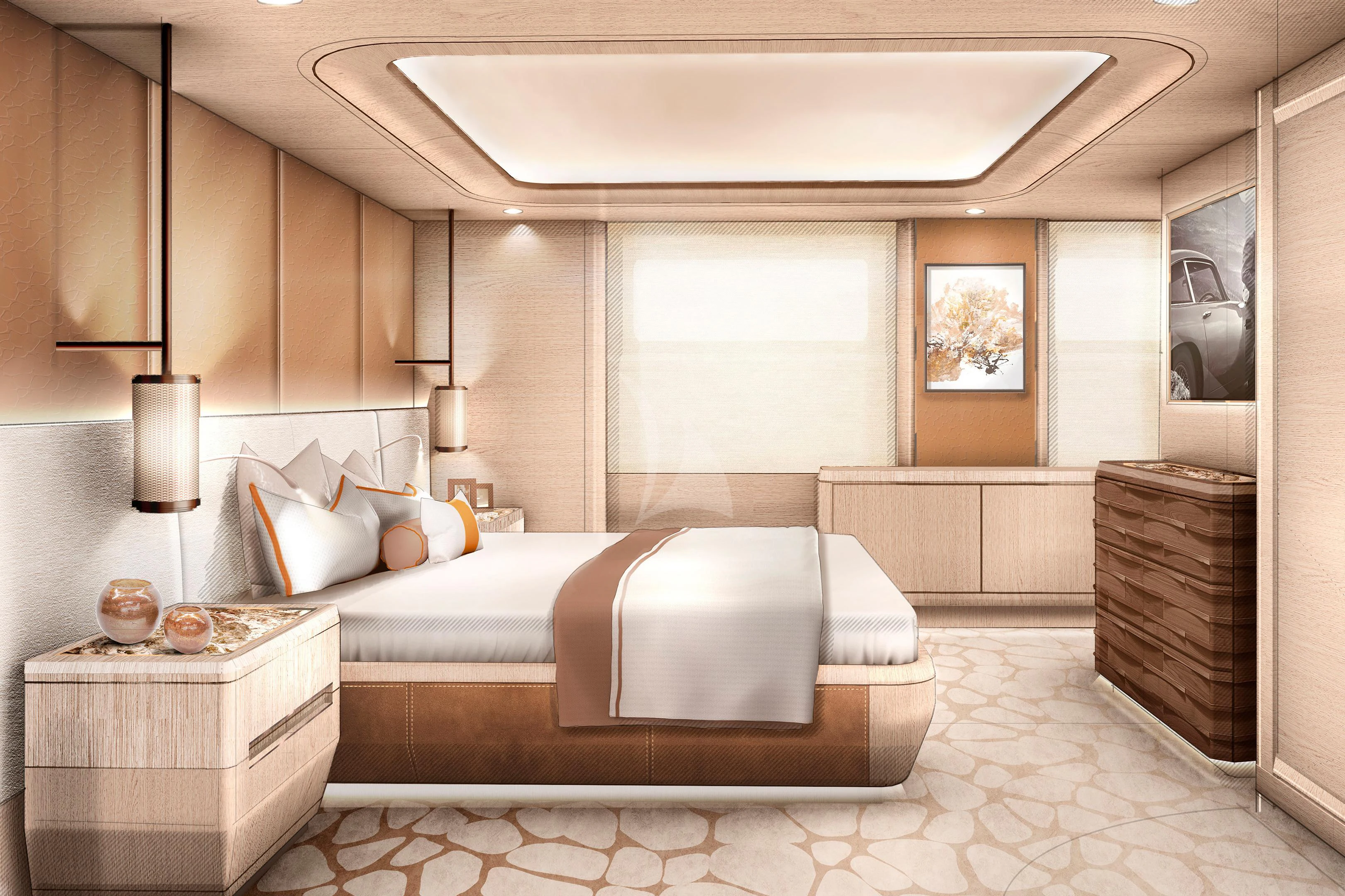 a large bathroom with a large white bed aboard COME TOGETHER Yacht for Charter