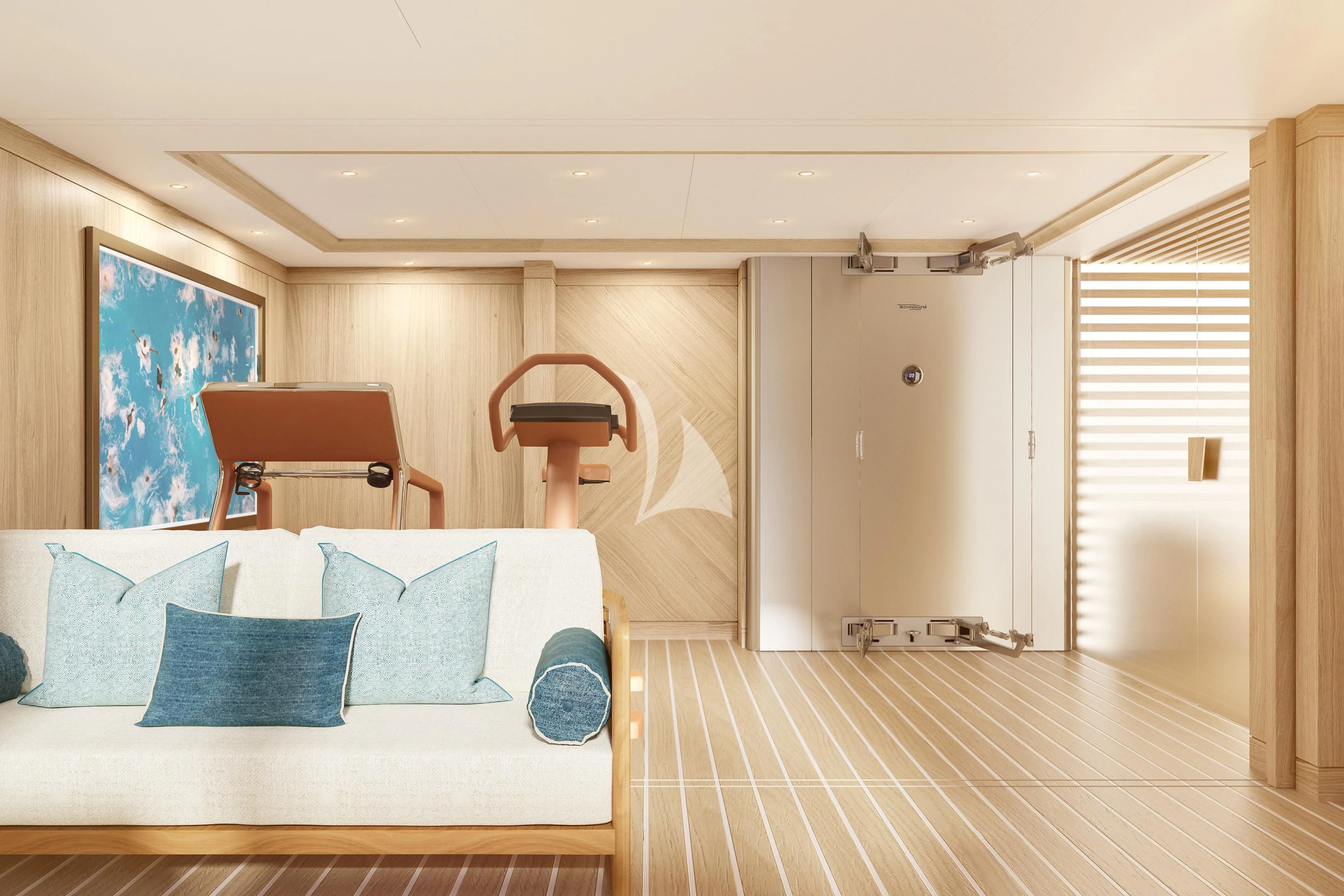 a room with a bed and a chair aboard COME TOGETHER Yacht for Charter