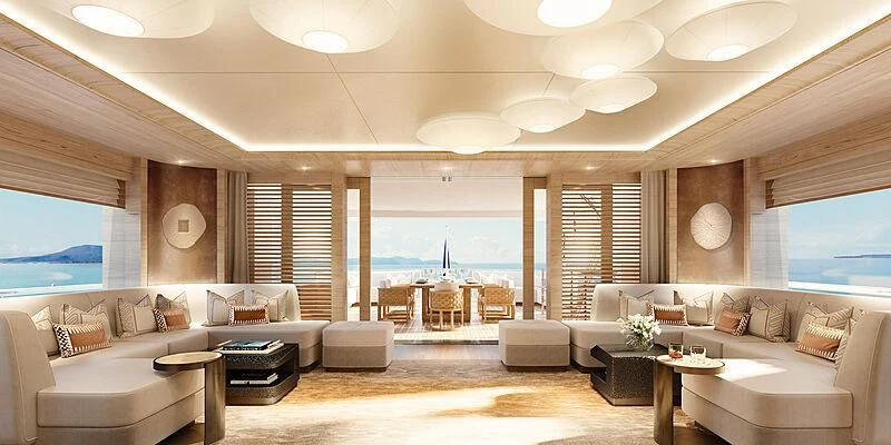 a living room with a large window aboard COME TOGETHER Yacht for Charter