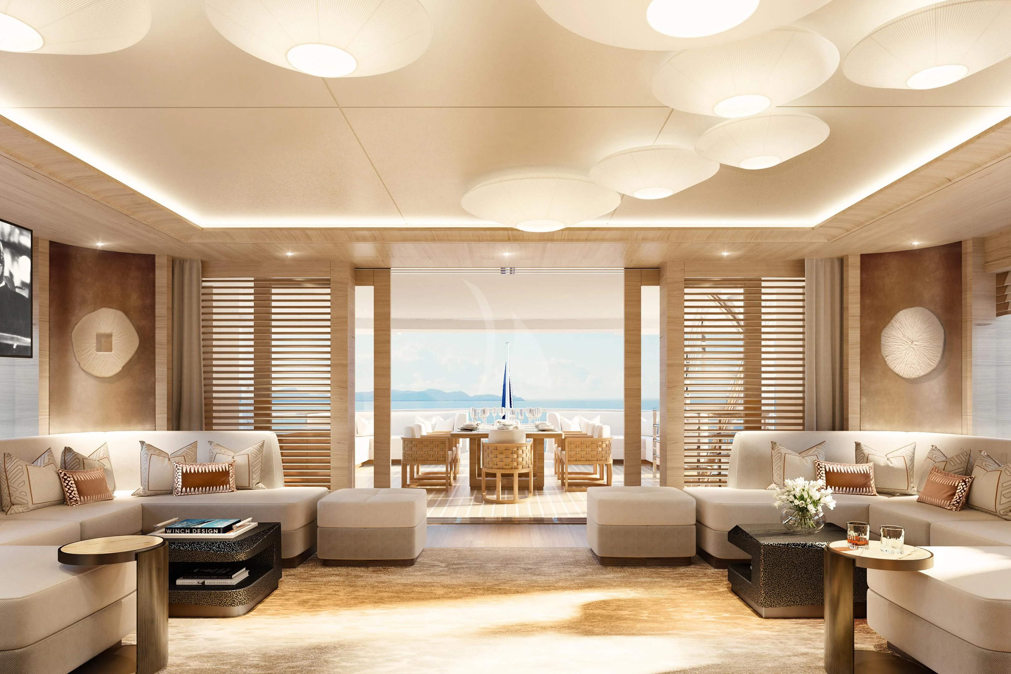 a living room with a large window aboard COME TOGETHER Yacht for Charter