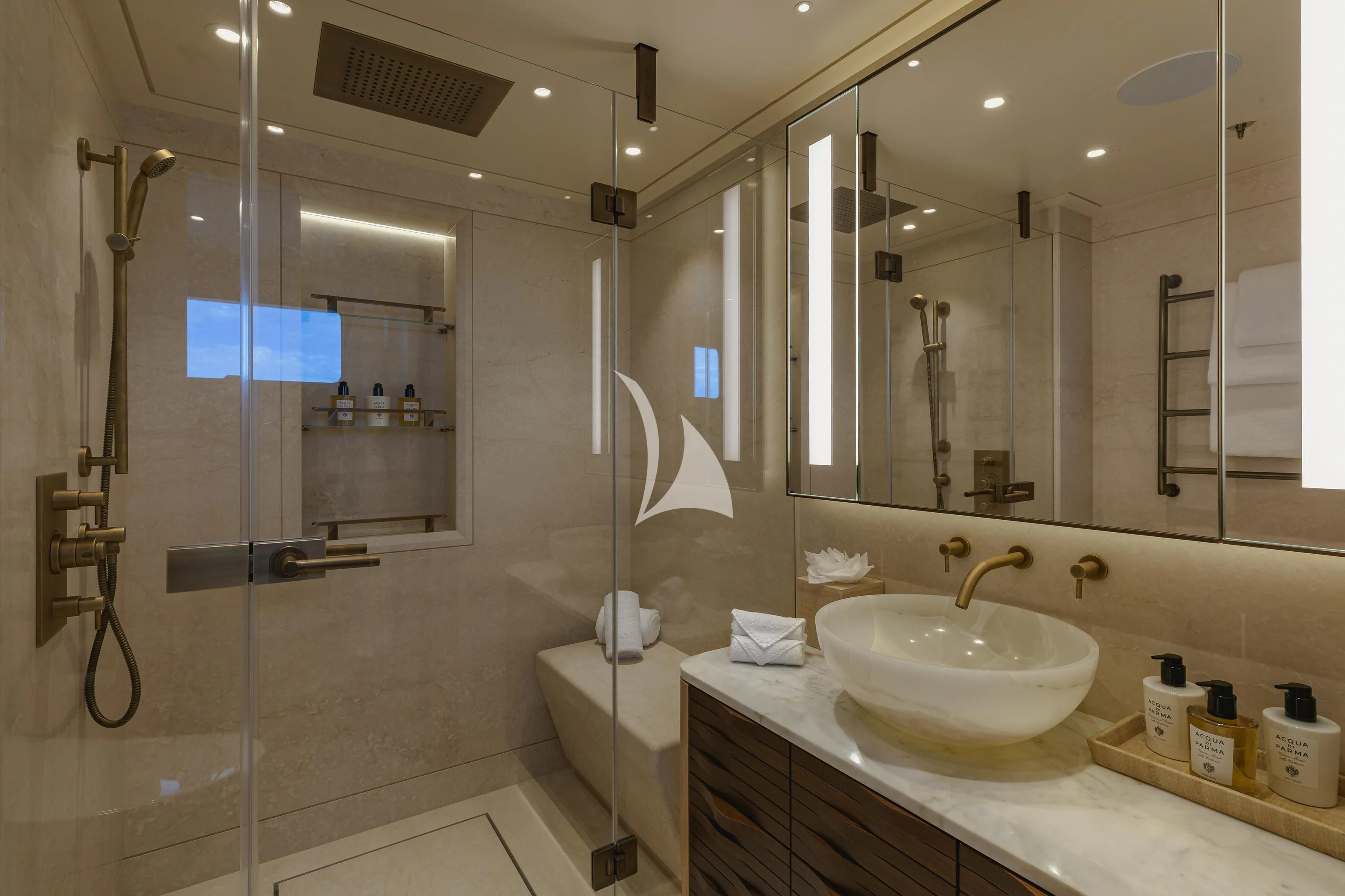 a bathroom with a sink and a shower aboard COME TOGETHER Yacht for Charter