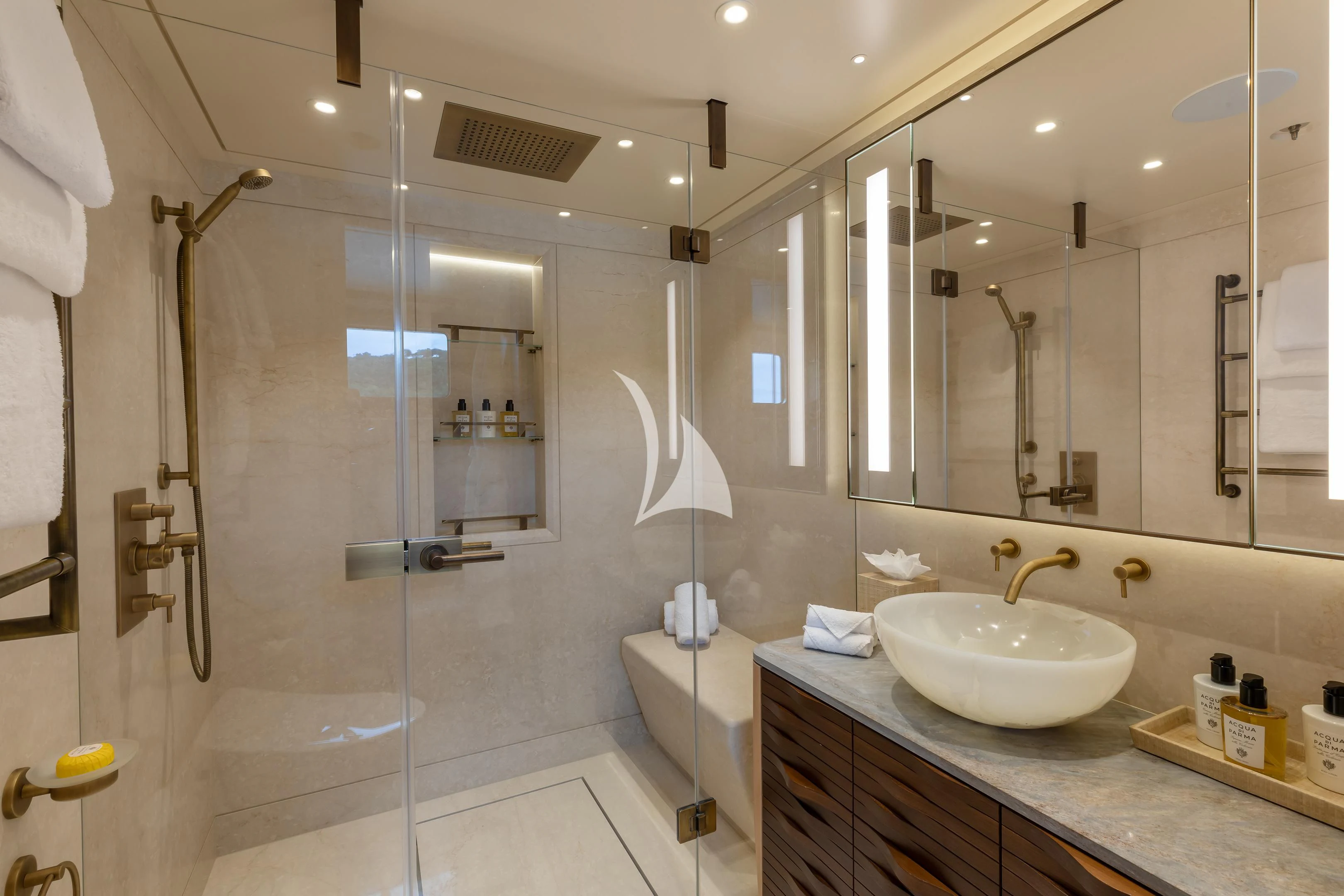 a bathroom with a sink and a shower aboard COME TOGETHER Yacht for Charter