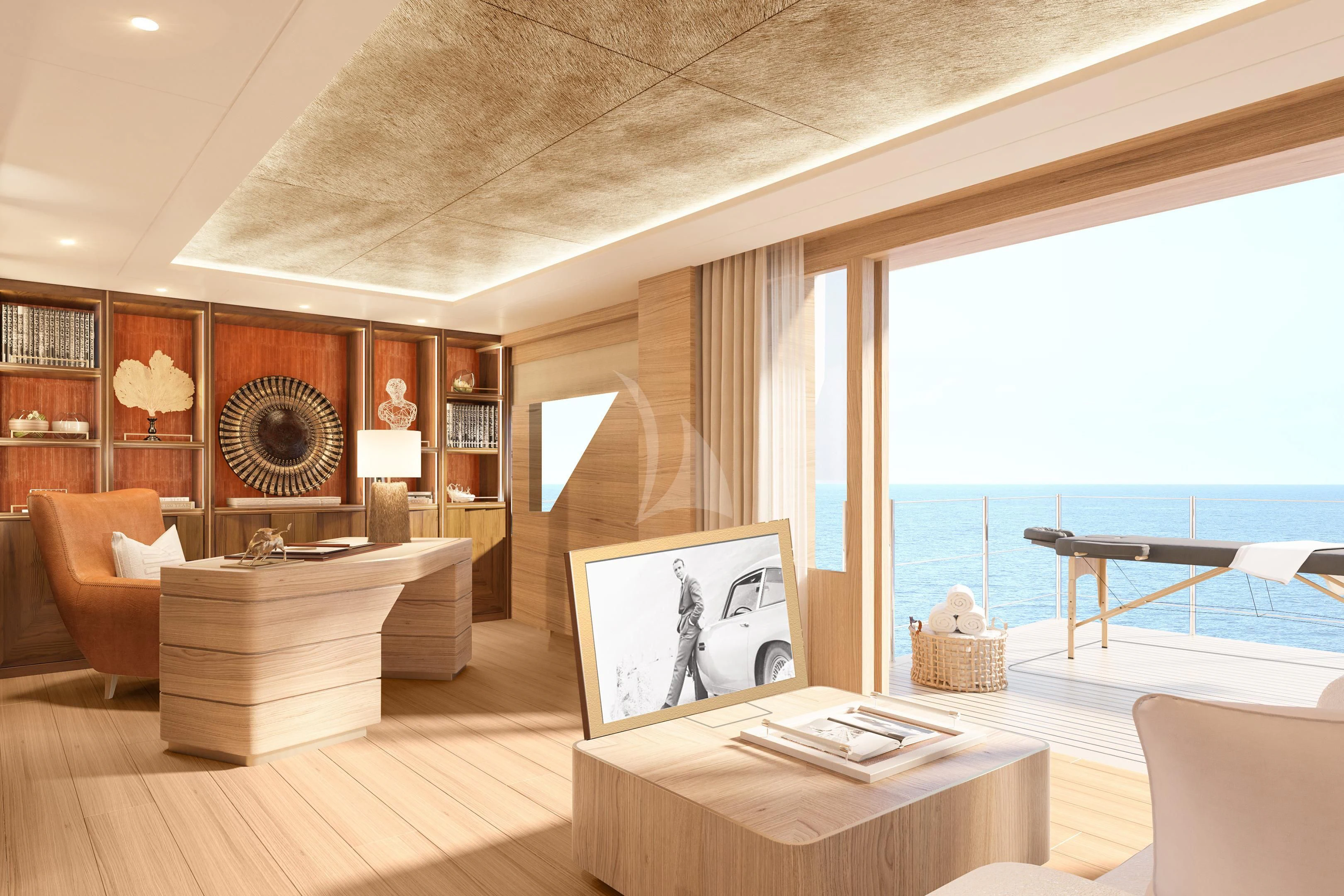 a living room with a large window aboard COME TOGETHER Yacht for Charter