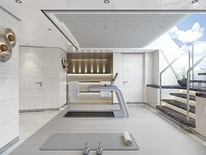 a room with a large white ceiling aboard COME TOGETHER Yacht for Charter