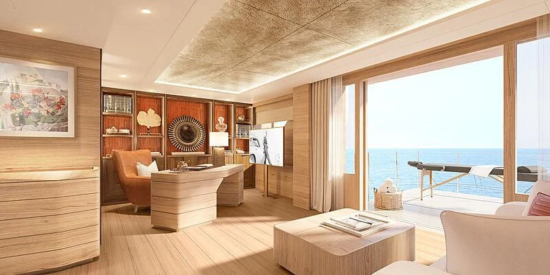 a living room with a large window aboard COME TOGETHER Yacht for Charter