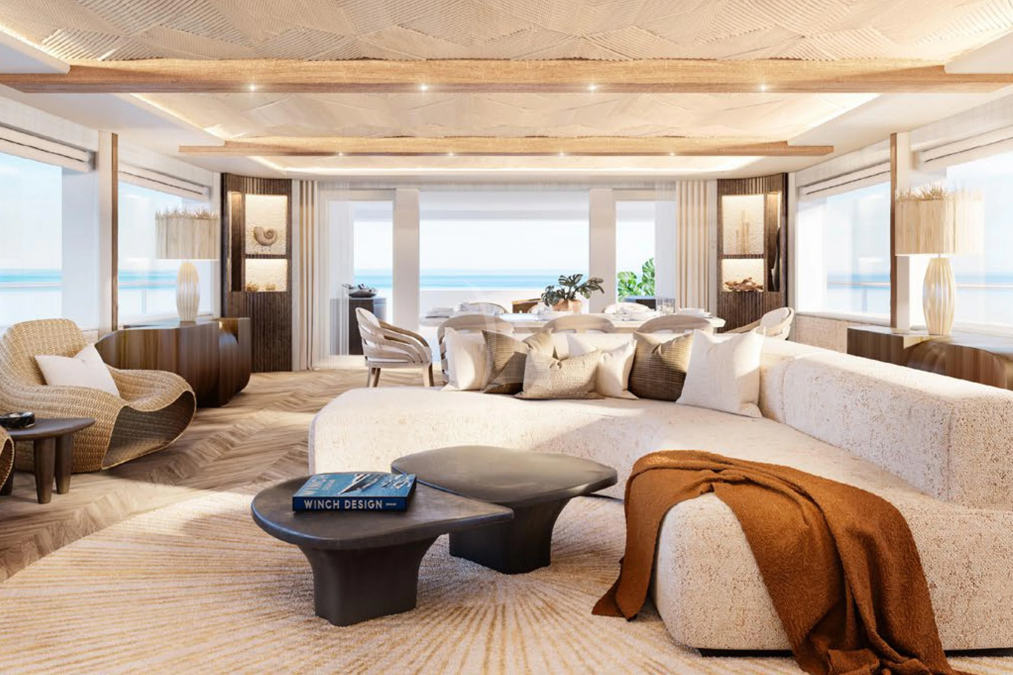 a large living room with a large window aboard COME TOGETHER Yacht for Charter