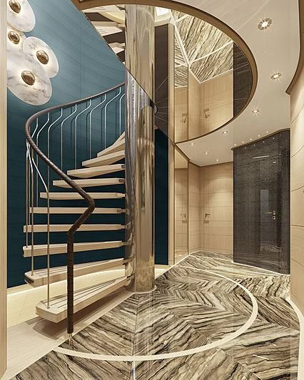 a staircase with a railing aboard COME TOGETHER Yacht for Charter