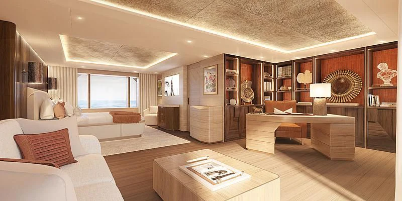 a living room with a large mirror aboard COME TOGETHER Yacht for Charter