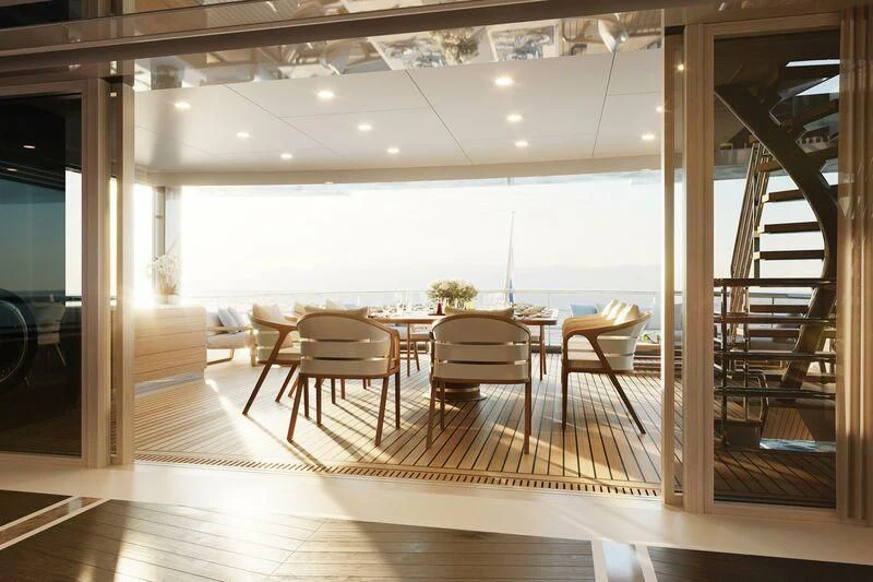 a room with a table and chairs aboard COME TOGETHER Yacht for Charter