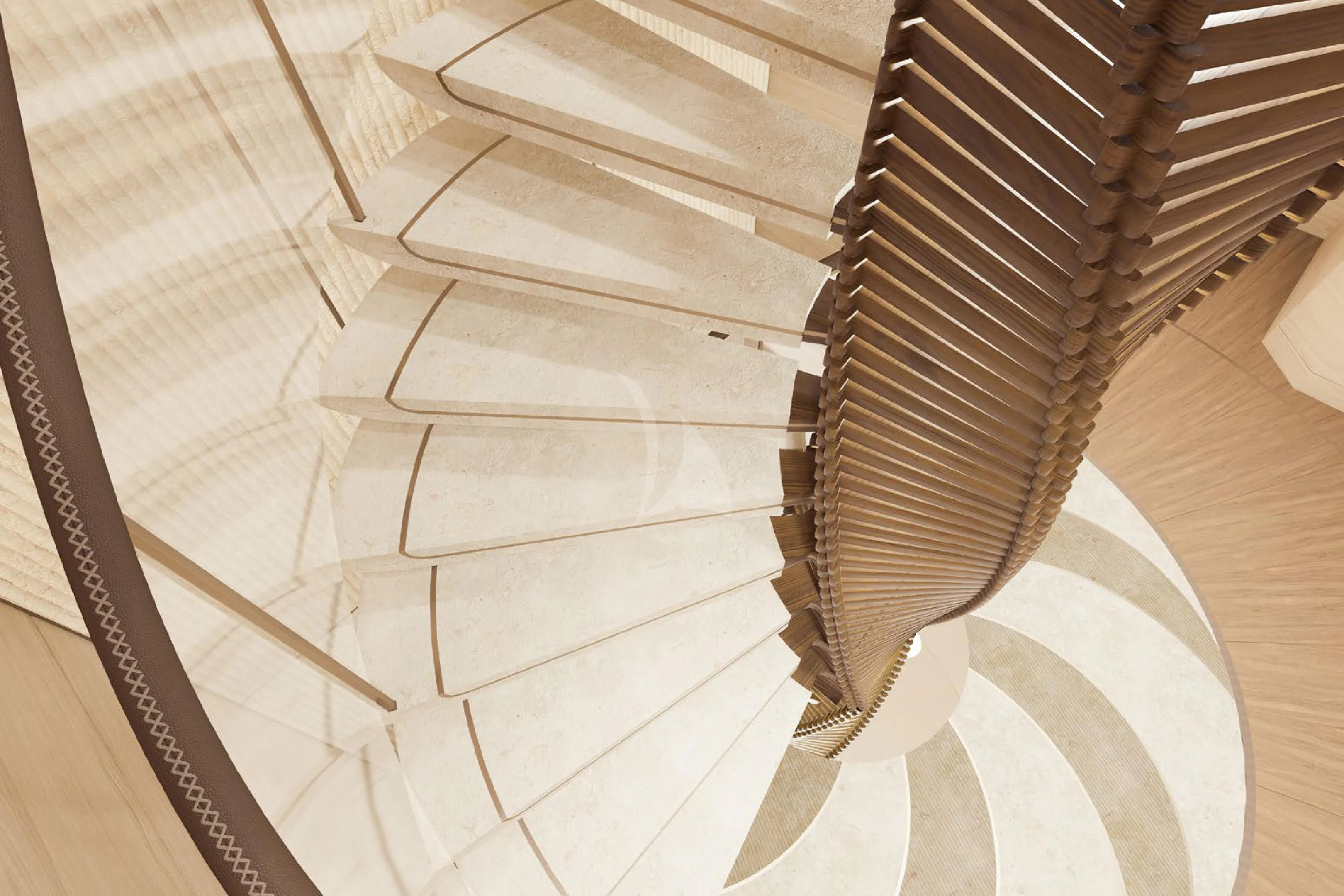 a wooden floor with a spiral staircase aboard COME TOGETHER Yacht for Charter