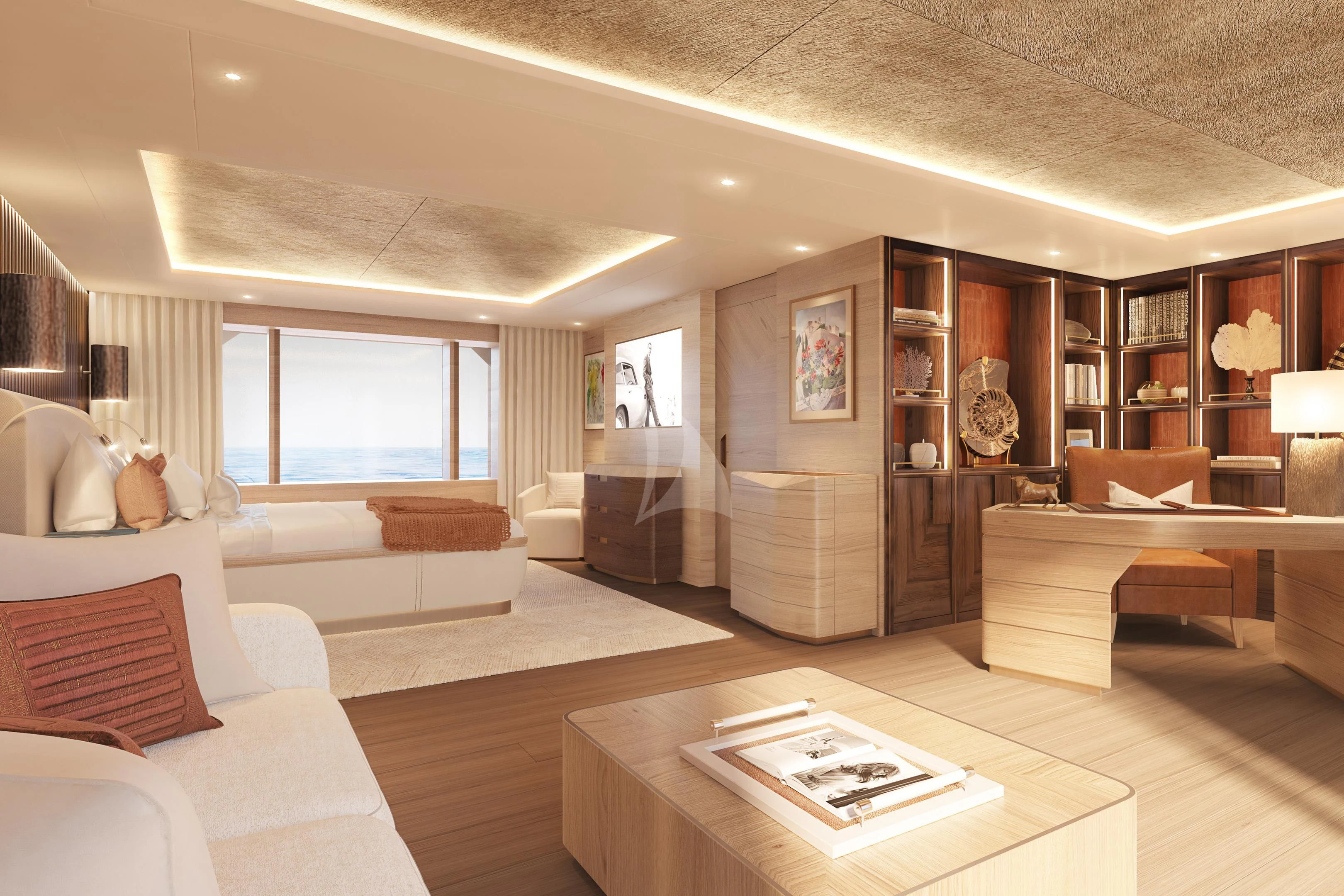 a living room with a large mirror aboard COME TOGETHER Yacht for Charter
