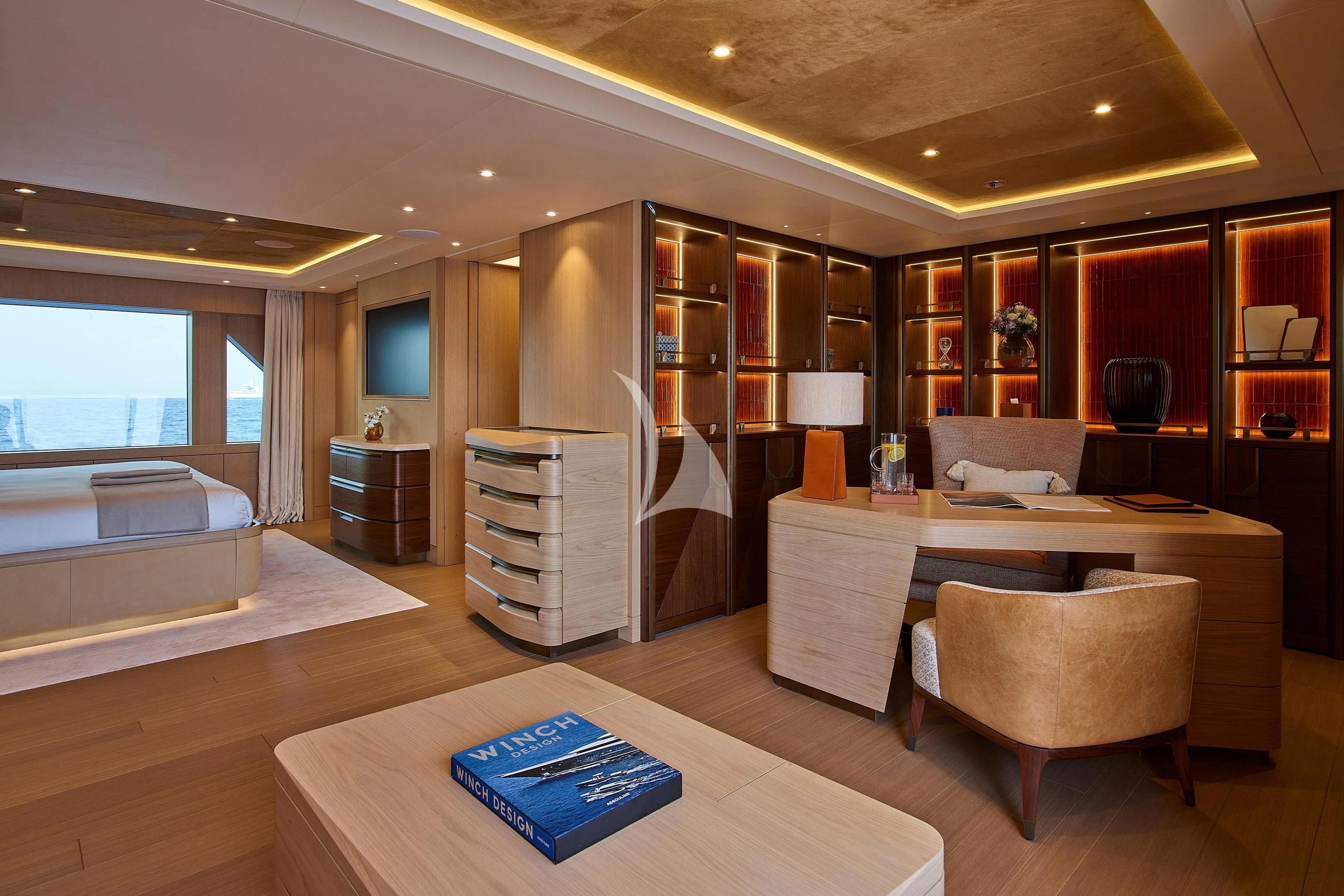 a living room with a large window aboard COME TOGETHER Yacht for Charter