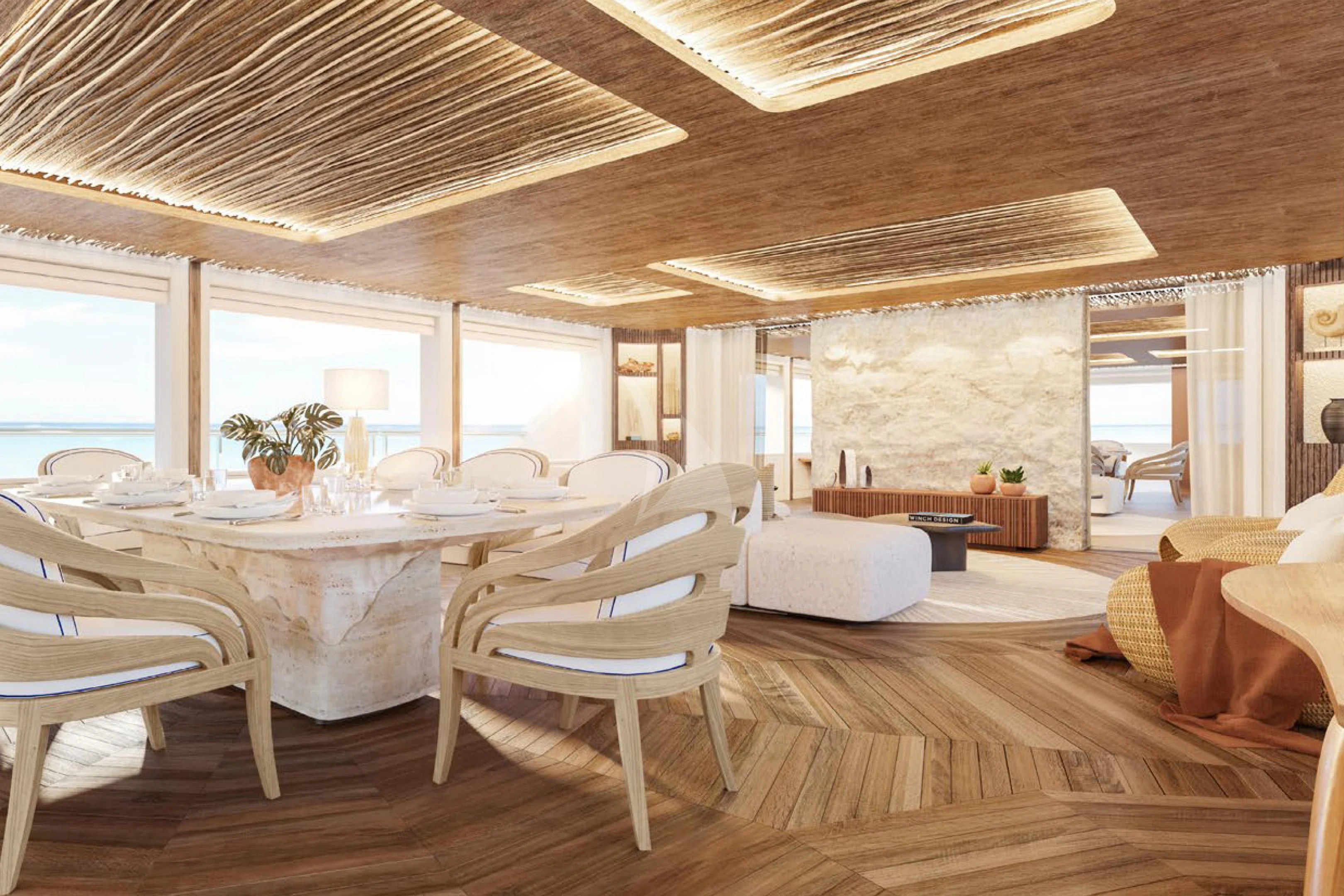 a large room with a table and chairs aboard COME TOGETHER Yacht for Charter