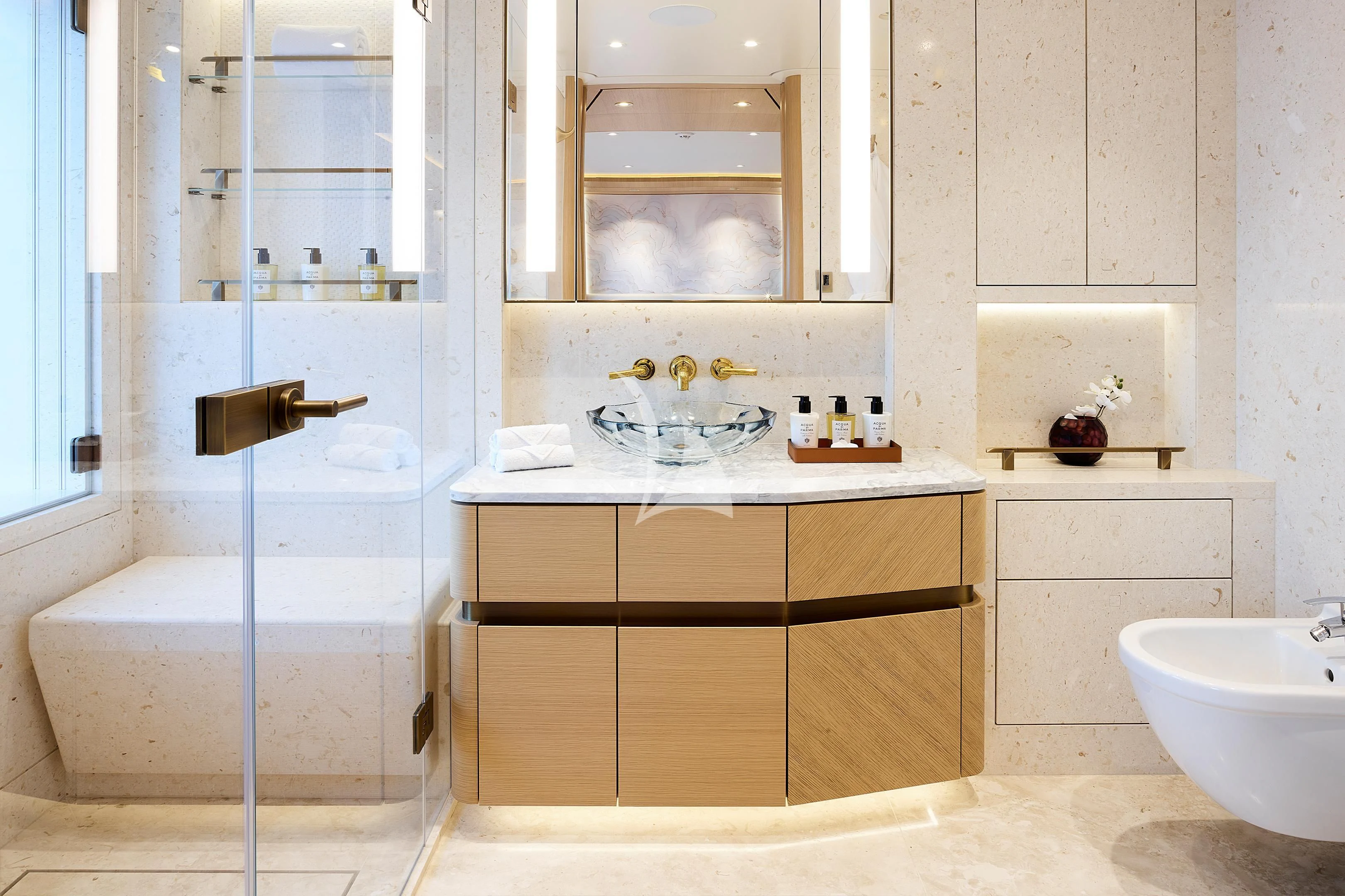 a bathroom with a sink and a mirror aboard COME TOGETHER Yacht for Charter