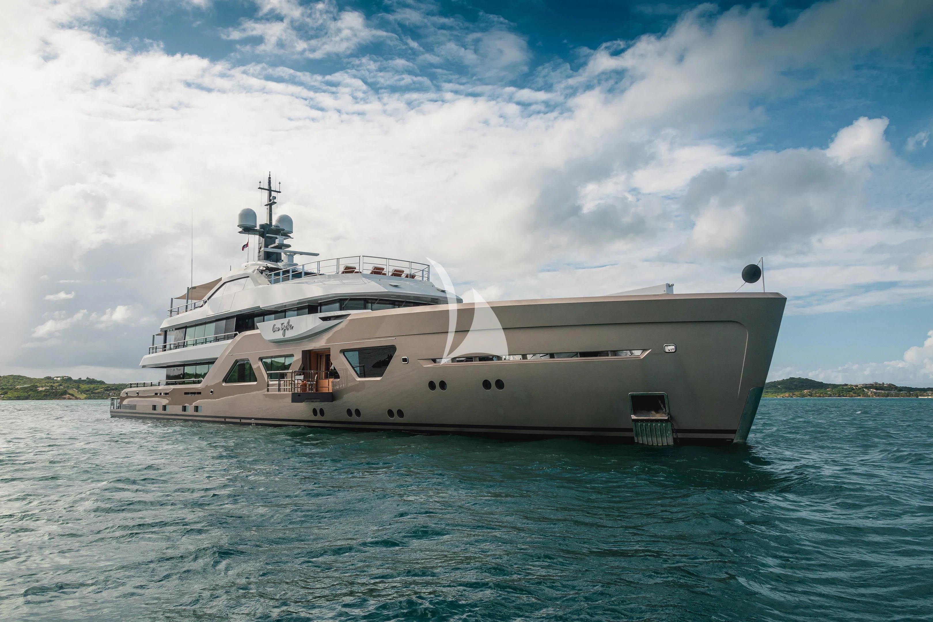 a white boat in the water aboard COME TOGETHER Yacht for Charter