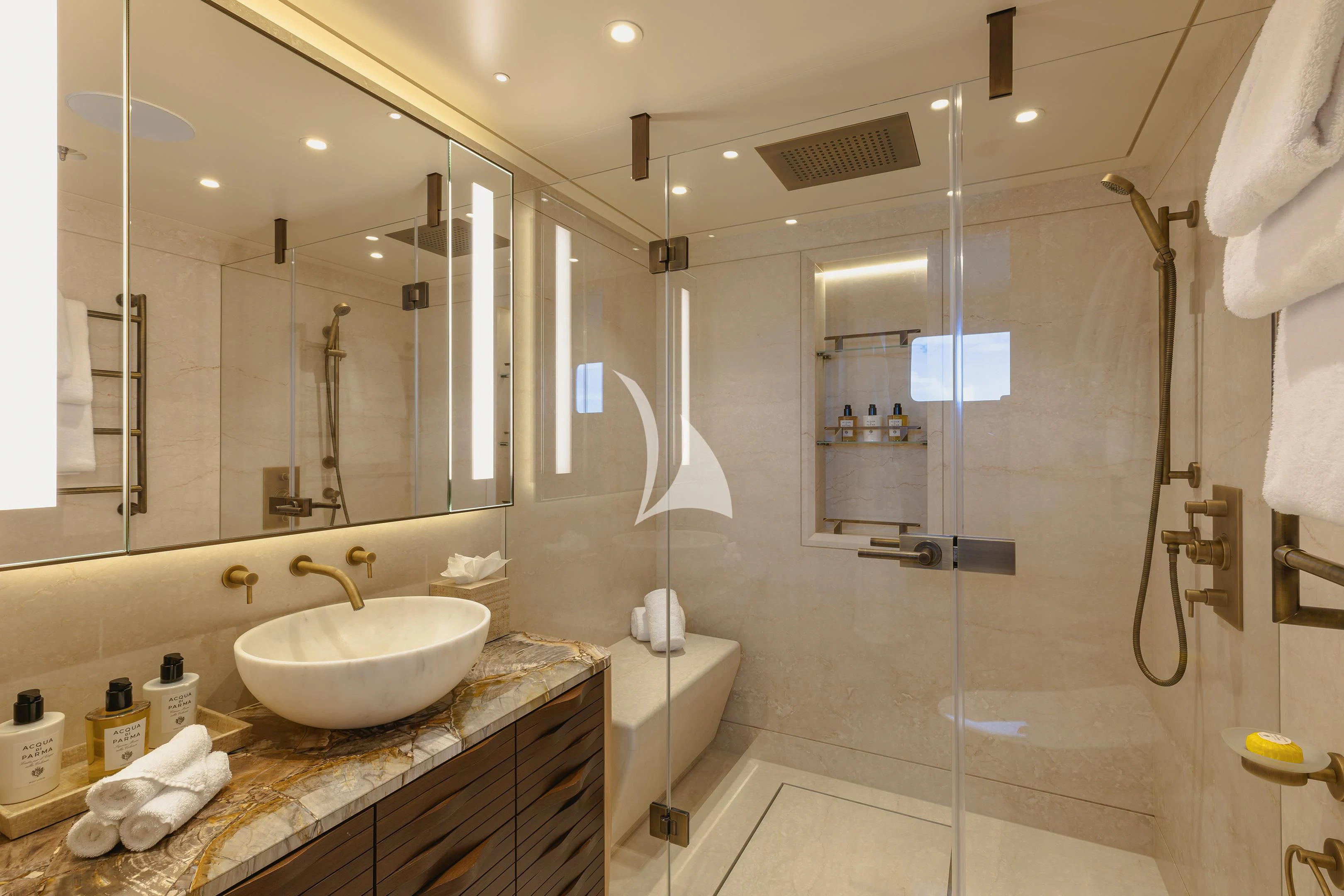a bathroom with a sink and shower aboard COME TOGETHER Yacht for Charter