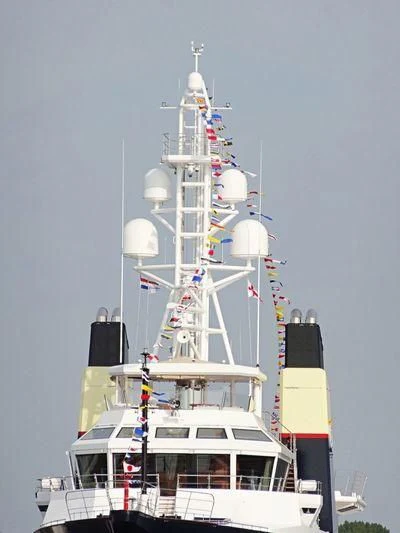 a large white boat with a tower aboard SHERPA Yacht for Sale