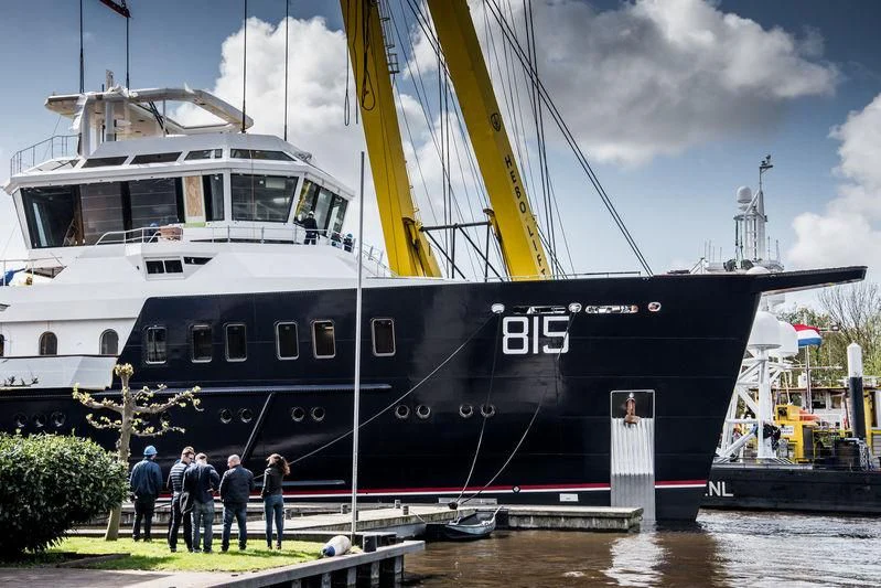 a large ship docked aboard SHERPA Yacht for Sale