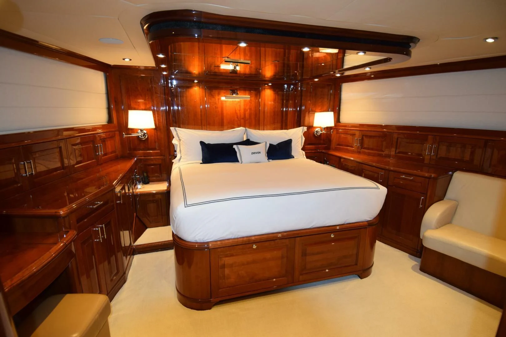 a bed in a room aboard DRIVEN Yacht for Sale