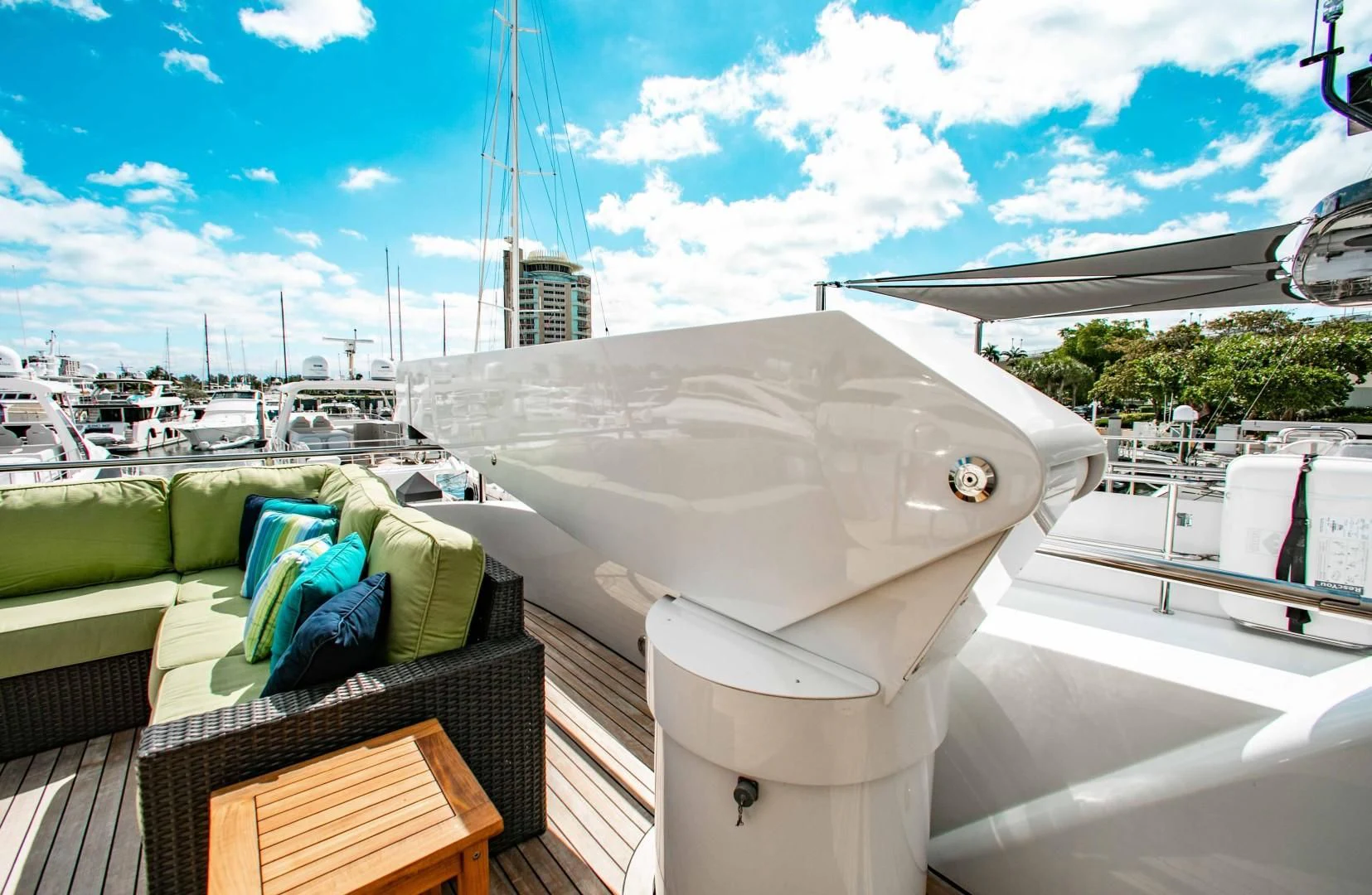 a large white object with a green pillow on it aboard DRIVEN Yacht for Sale