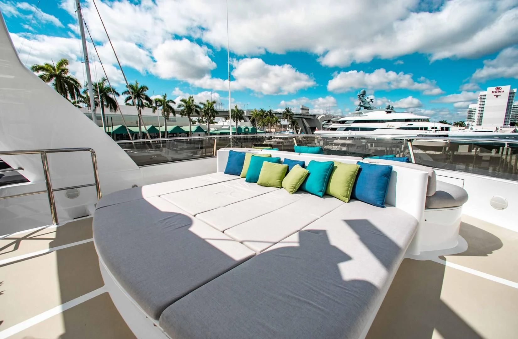 a lounge chair on a deck aboard DRIVEN Yacht for Sale