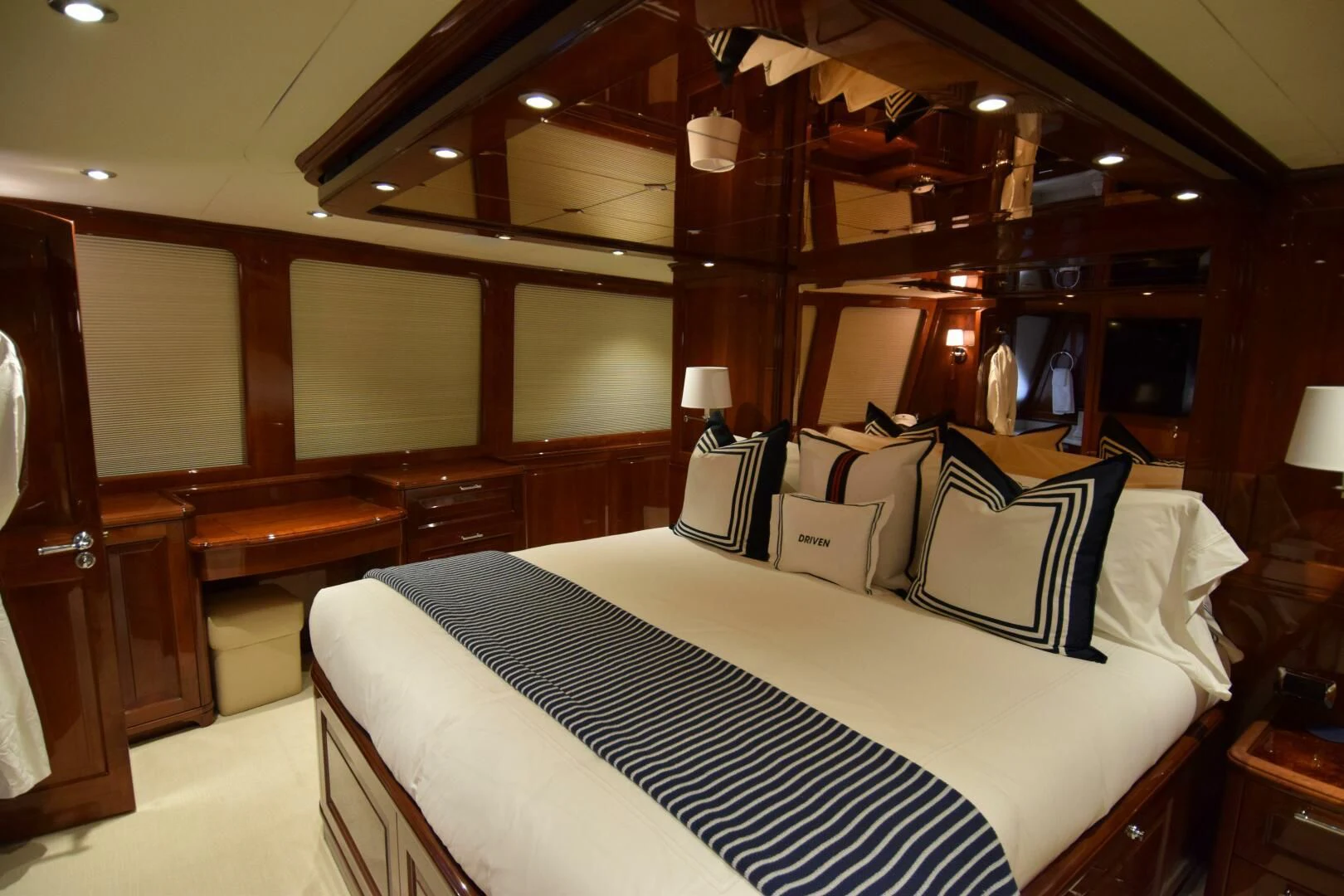 a bed in a room aboard DRIVEN Yacht for Sale