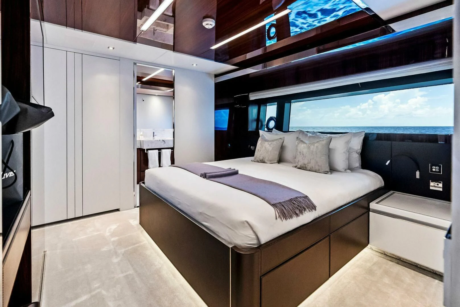a bed in a room aboard NO SURRENDER Yacht for Sale