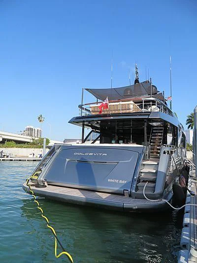 a boat docked at a pier aboard NO SURRENDER Yacht for Sale