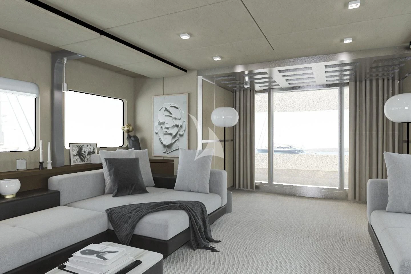 a living room with a large window aboard PANDION Yacht for Charter