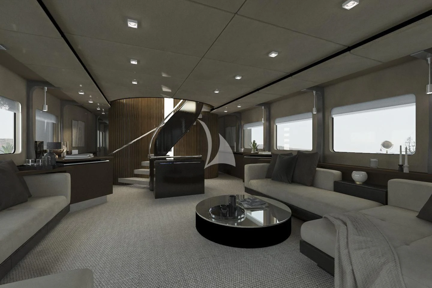 a room with couches and a coffee table aboard PANDION Yacht for Charter