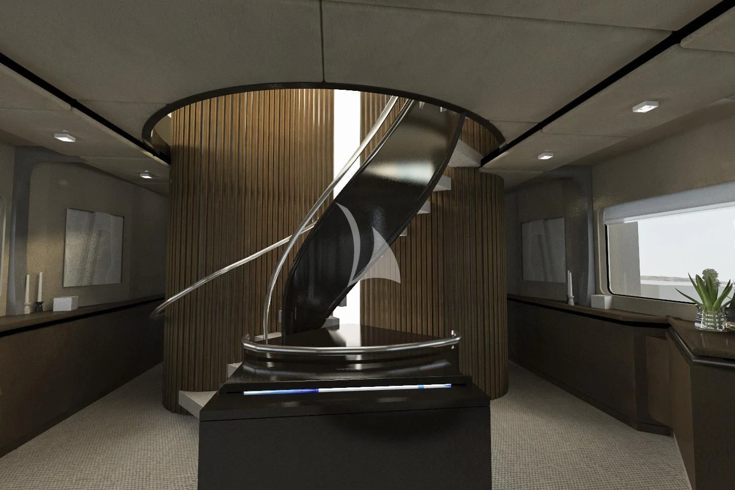 a large room with a large glass staircase and a glass case aboard PANDION Yacht for Charter