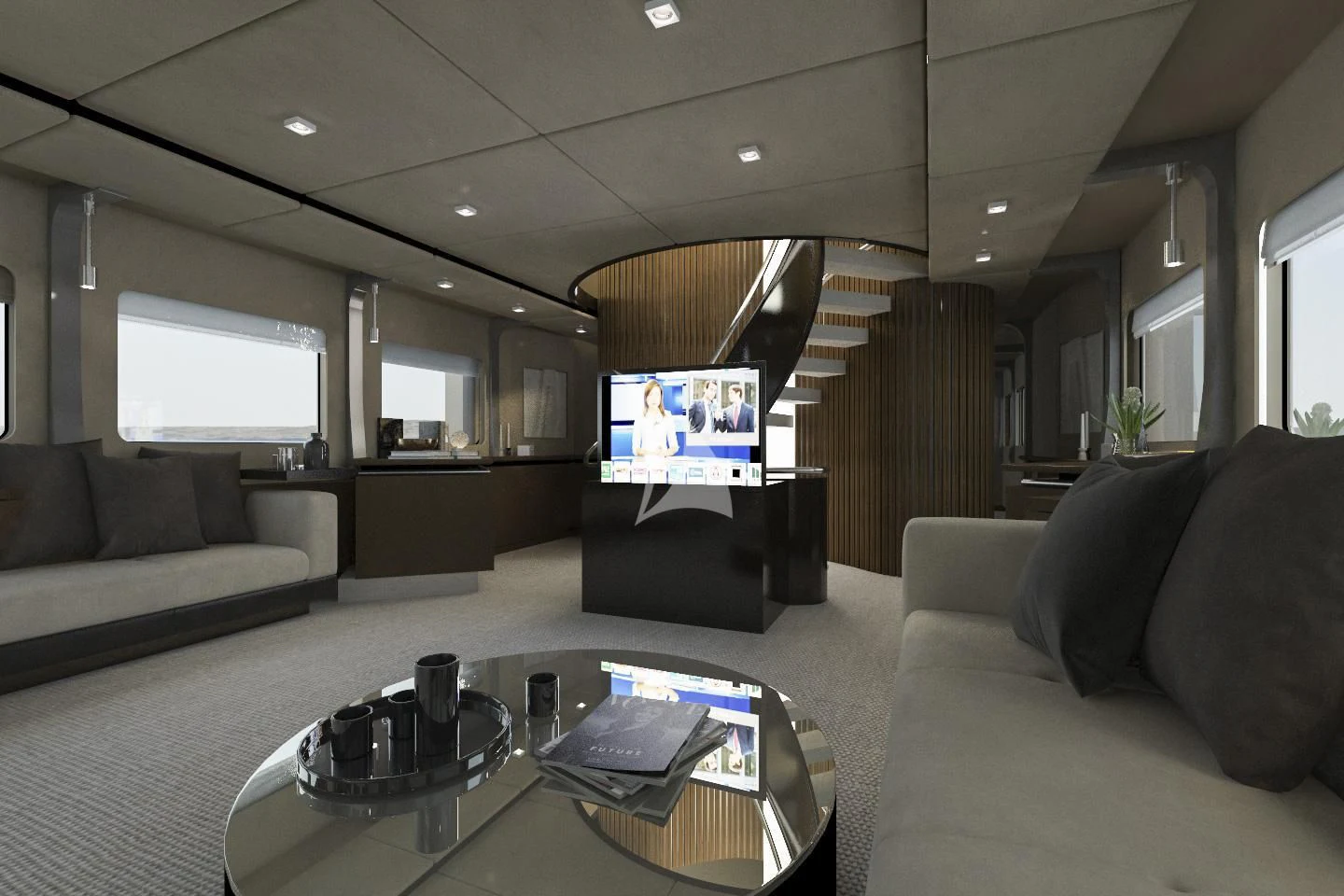 a living room with a large tv aboard PANDION Yacht for Charter
