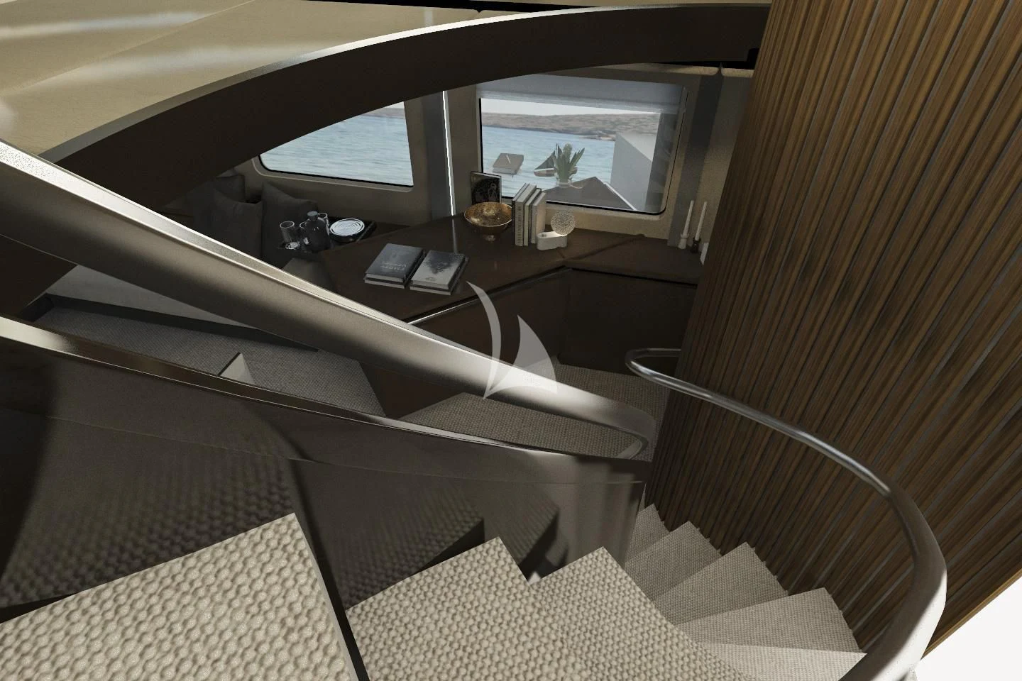 a white desk with a computer and a lamp on it aboard PANDION Yacht for Charter