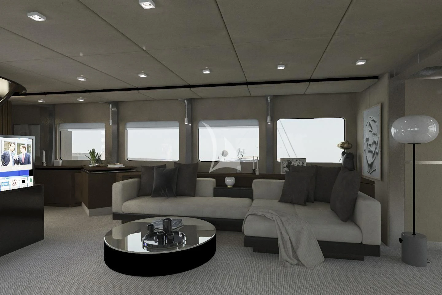 a living room with a couch and a tv aboard PANDION Yacht for Charter