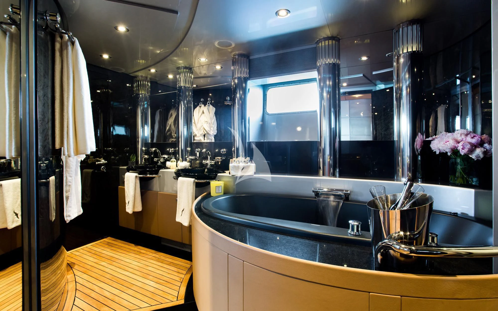 a bathroom with a large tub aboard PANDION Yacht for Charter