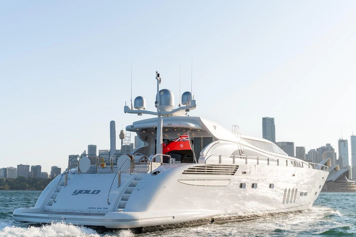 a large white ship aboard YOLO Yacht for Sale