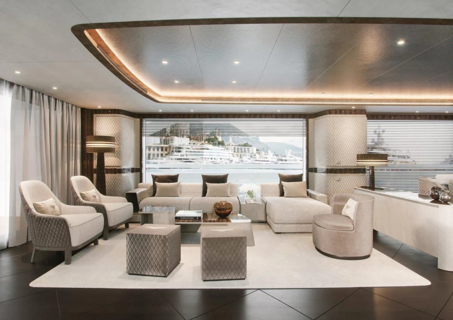 a living room with a large window aboard G 300 Yacht for Sale