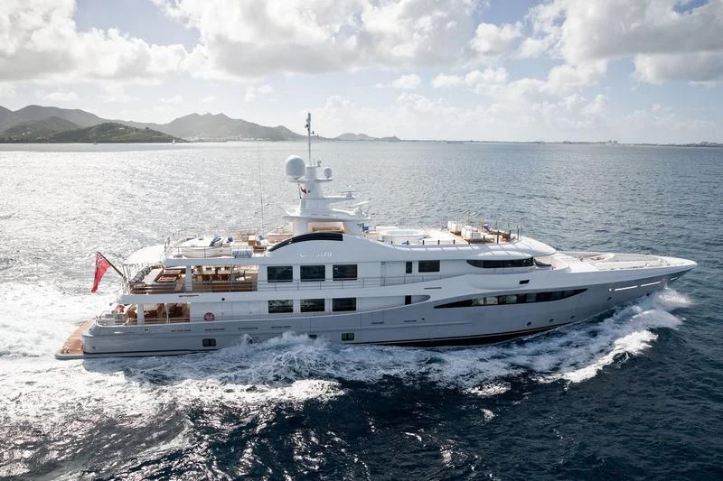 a white boat on the water aboard ASTRA Yacht for Sale