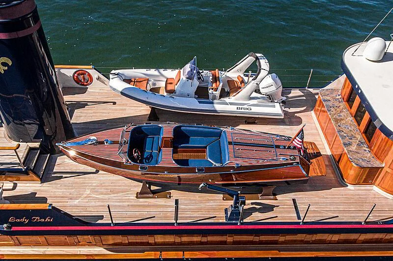 a boat on a trailer aboard LADY BAHI Yacht for Sale